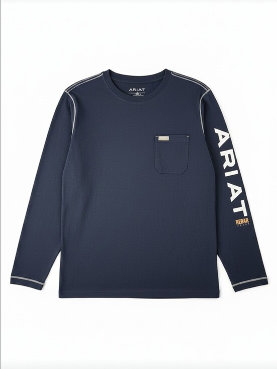 Ariat Other - Ariat Rebar Long Sleeve Pocket Work Shirt Men's Large Navy Blue Logo Tee